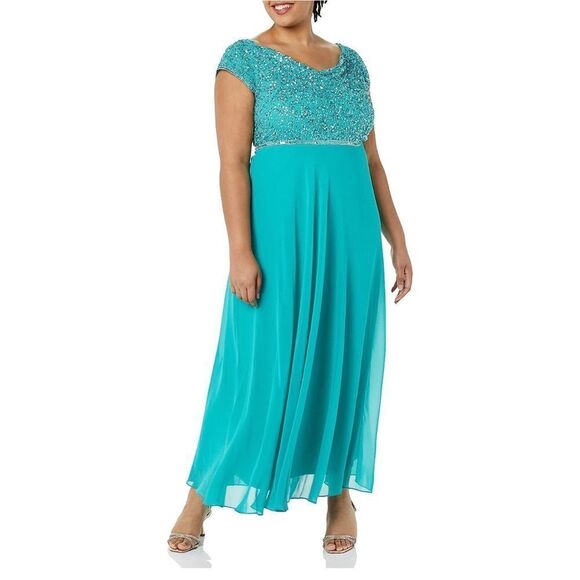 J Kara Women's One Size Beaded Empire Waist Gown Aqua size 16W - Picture 1 of 8